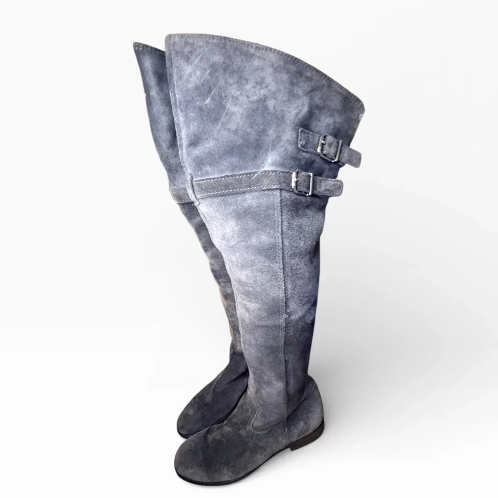 Via Uno Womens Grey Suede Buckle Strap Over The Knee Boots Size 6